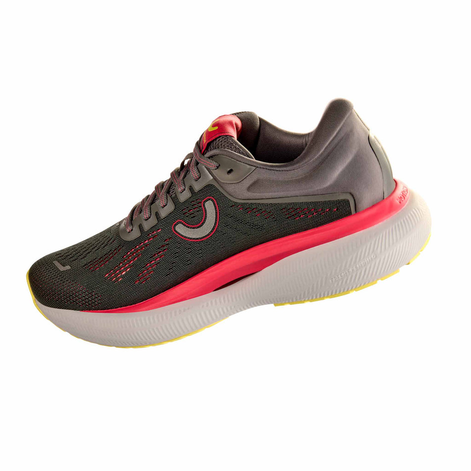 Medial view of the right shoe from a pair of True Motion Women's U-Tech Aion 3 Running Shoes in the Castlerock/Rouge Red/Lemon Verbena colourway. (8678186877090)