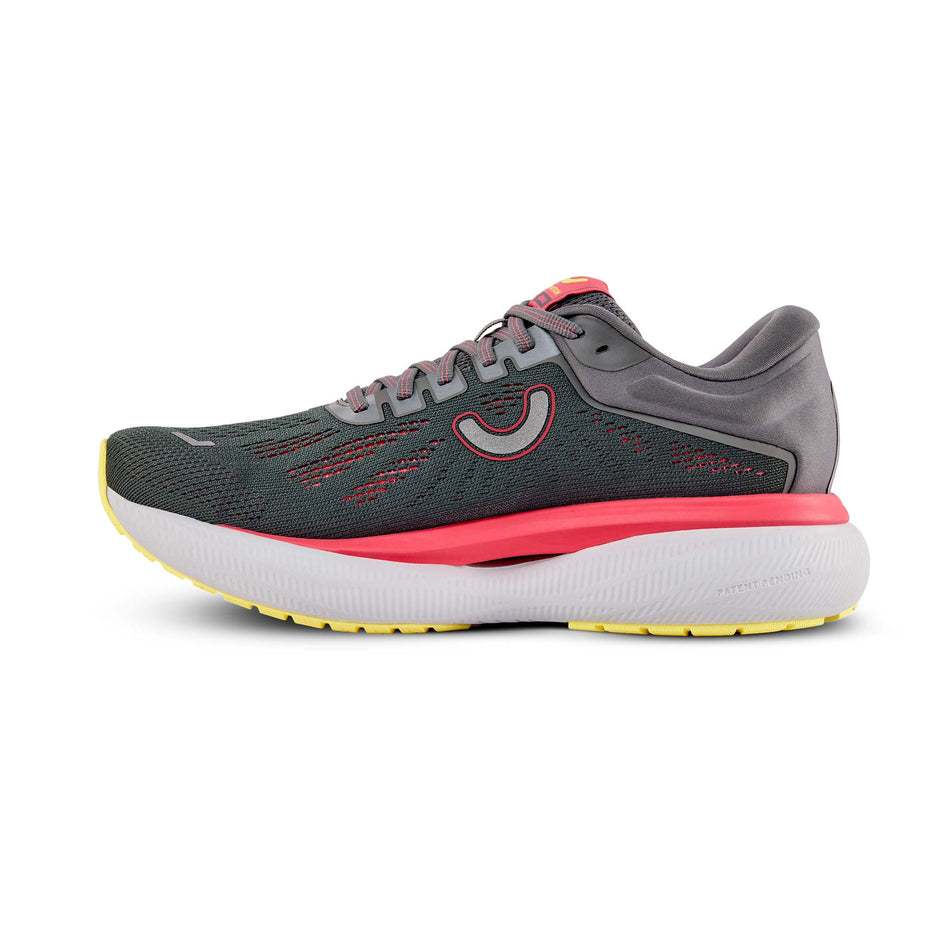 Medial view of the right shoe from a pair of True Motion Women's U-Tech Aion 3 Running Shoes in the Castlerock/Rouge Red/Lemon Verbena colourway. (8678186877090)