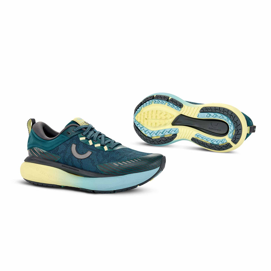 A pair of True Motion Women's U-Tech Aion Elements Running Shoes in the Mediterranea/Iron Gate Aquatic colourway.