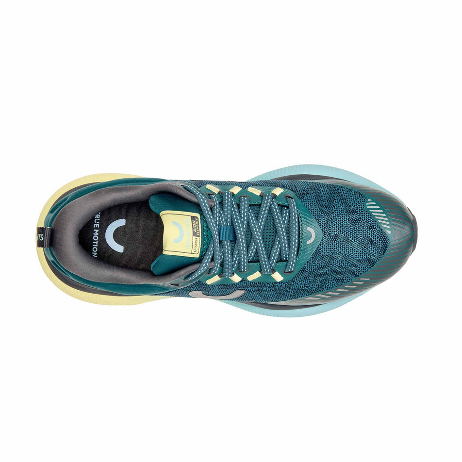 The upper of the right shoe from a pair of True Motion Women's U-Tech Aion Elements Running Shoes in the Mediterranea/Iron Gate Aquatic colourway.