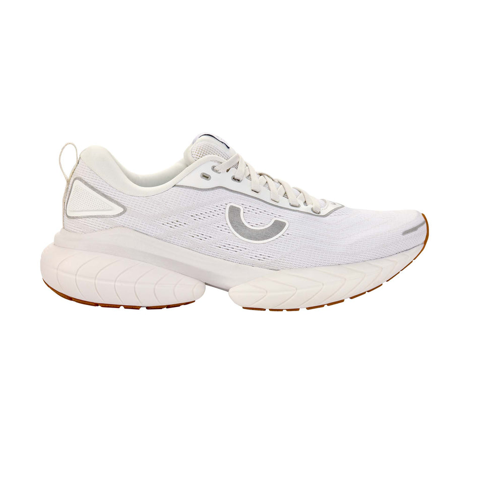 Lateral view of the right shoe from a pair of True Motion Women's U-Tech Nevos 4 Running Shoes in the White/Bright White colourway.