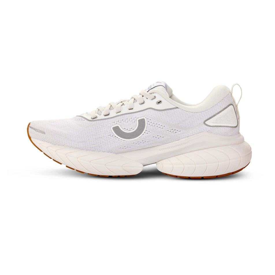 Medial view of the right shoe from a pair of True Motion Women's U-Tech Nevos 4 Running Shoes in the White/Bright White colourway.