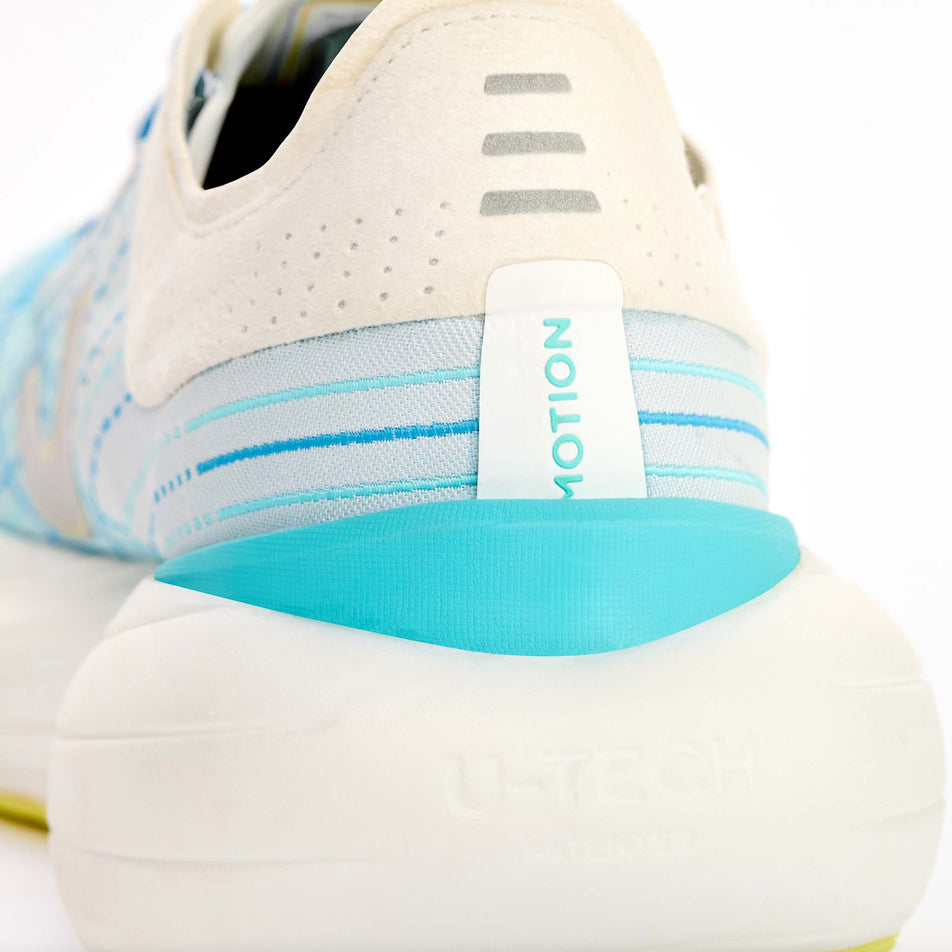 The back of the right shoe from a pair of True Motion Women's U-Tech Solo 2 Running Shoes in the White/Oyster Mushroom/Malibu Blue colourway.