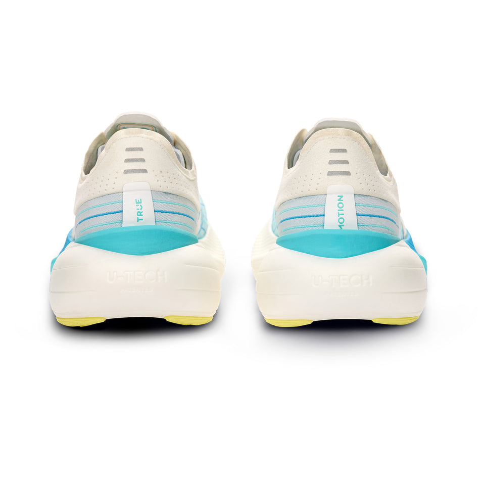 The back of a pair of True Motion Women's U-Tech Solo 2 Running Shoes in the White/Oyster Mushroom/Malibu Blue colourway.