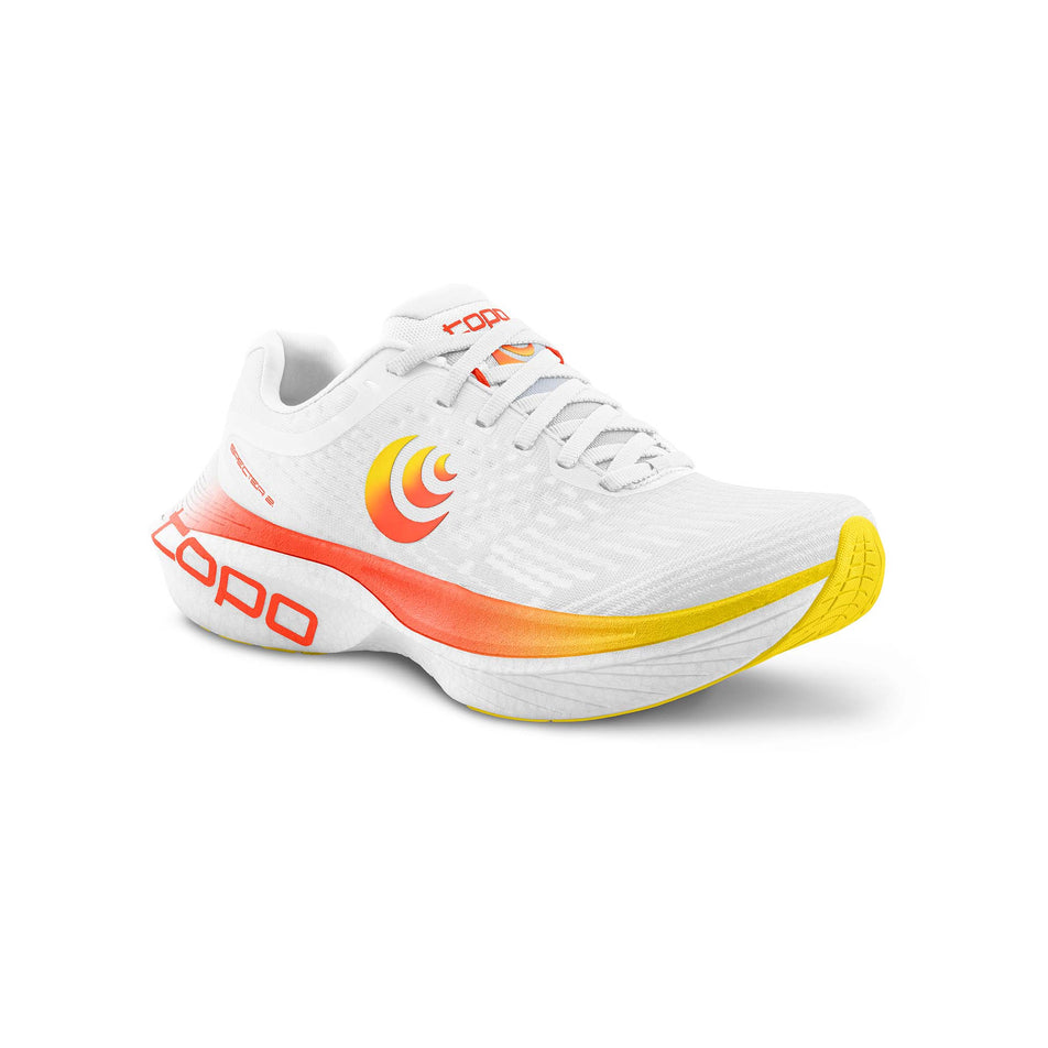 Lateral side of the right shoe from a pair of Topo Athletic Men's Specter 2 Running Shoes in the White/Sunset colourway. (8582018629794)