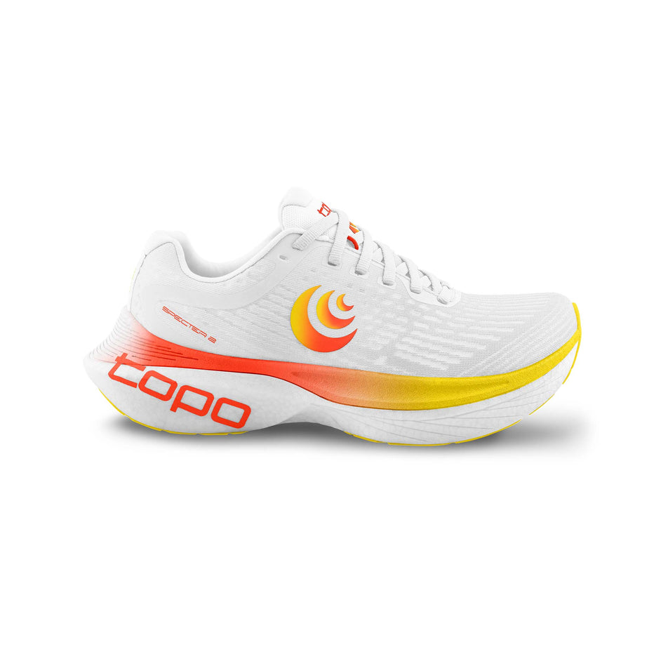 Lateral side of the right shoe from a pair of Topo Athletic Men's Specter 2 Running Shoes in the White/Sunset colourway. (8582018629794)