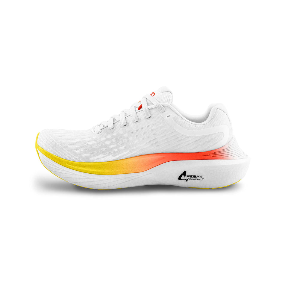 Medial side of the right shoe from a pair of Topo Athletic Men's Specter 2 Running Shoes in the White/Sunset colourway. (8582018629794)