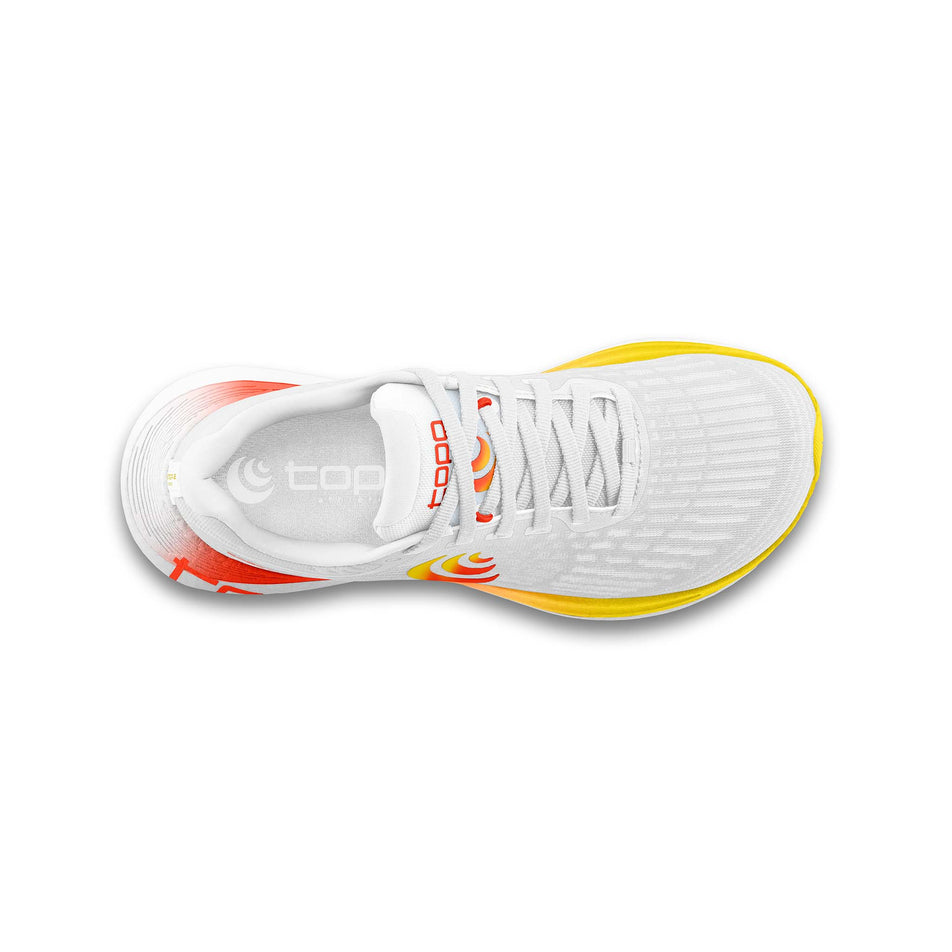 The upper of the right shoe from a pair of Topo Athletic Men's Specter 2 Running Shoes in the White/Sunset colourway. (8582018629794)
