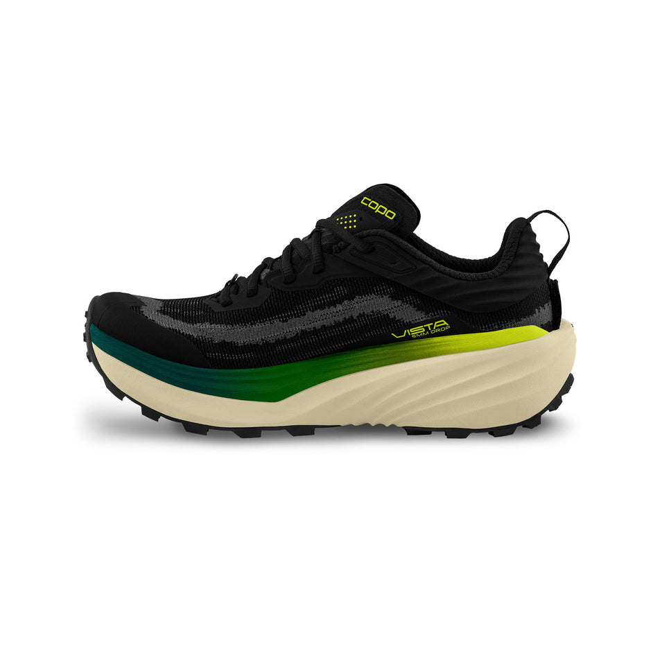 Medial view of the right shoe from a pair of Topo Athletic Men's Vista Trail Running Shoes in the Black/Lime colourway. (8726344466594)