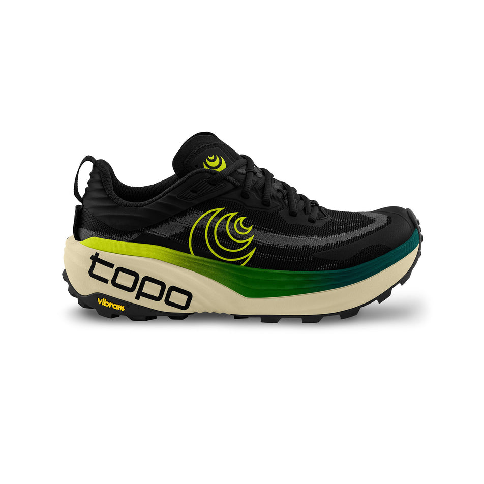 Lateral view of the right shoe from a pair of Topo Athletic Men's Vista Trail Running Shoes in the Black/Lime colourway. (8726344466594)