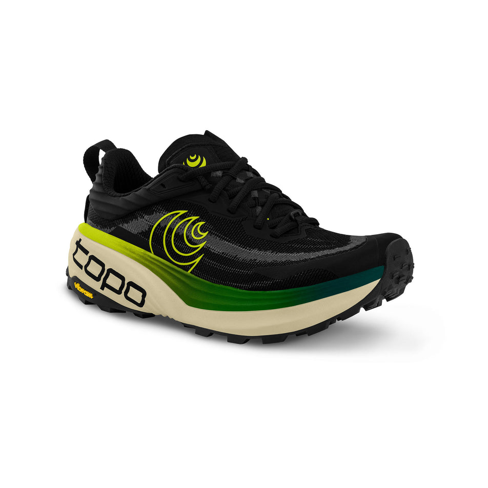 Lateral view of the right shoe from a pair of Topo Athletic Men's Vista Trail Running Shoes in the Black/Lime colourway. (8726344466594)