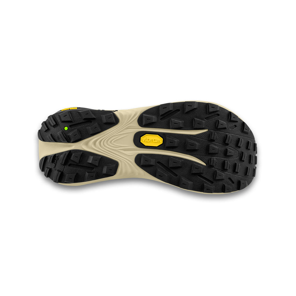 The outsole of the right shoe from a pair of Topo Athletic Men's Vista Trail Running Shoes in the Black/Lime colourway. (8726344466594)
