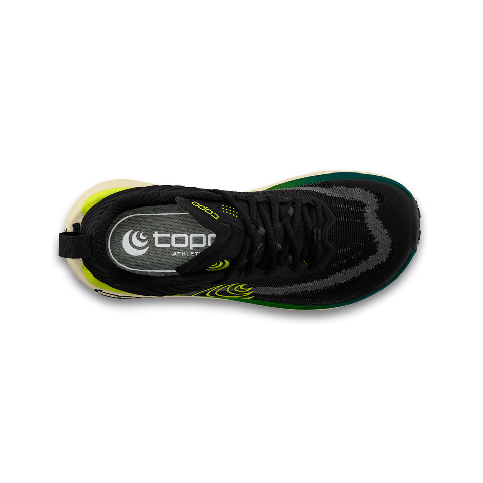 The upper of the right shoe from a pair of Topo Athletic Men's Vista Trail Running Shoes in the Black/Lime colourway. (8726344466594)