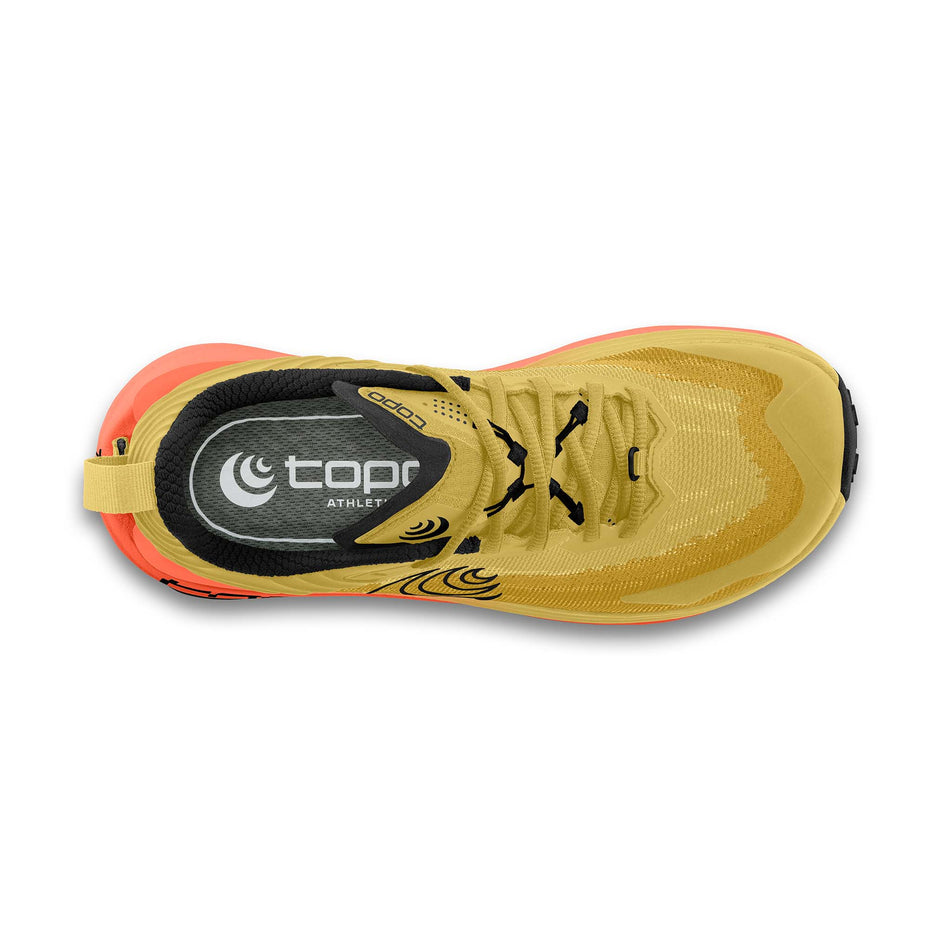 The upper of the right shoe from a pair of Topo Athletic Men's Vista Trail Running Shoes in the Yellow/Orange colourway.