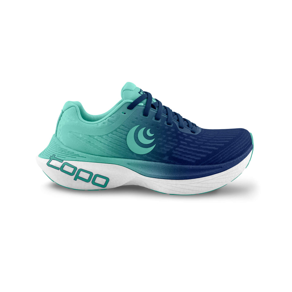 Lateral side the right shoe from a pair of Topo Athletic Women's Specter 2 Running Shoes in the Blue/Blue colourway. (8489132589218)