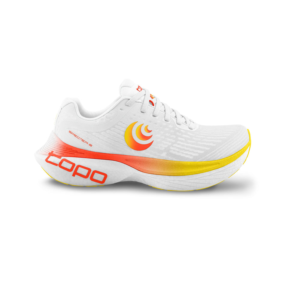 Lateral side of the right shoe from a pair of Topo Athletic Women's Specter 2 Running Shoes in the White/Sunset colourway. (8582155927714)