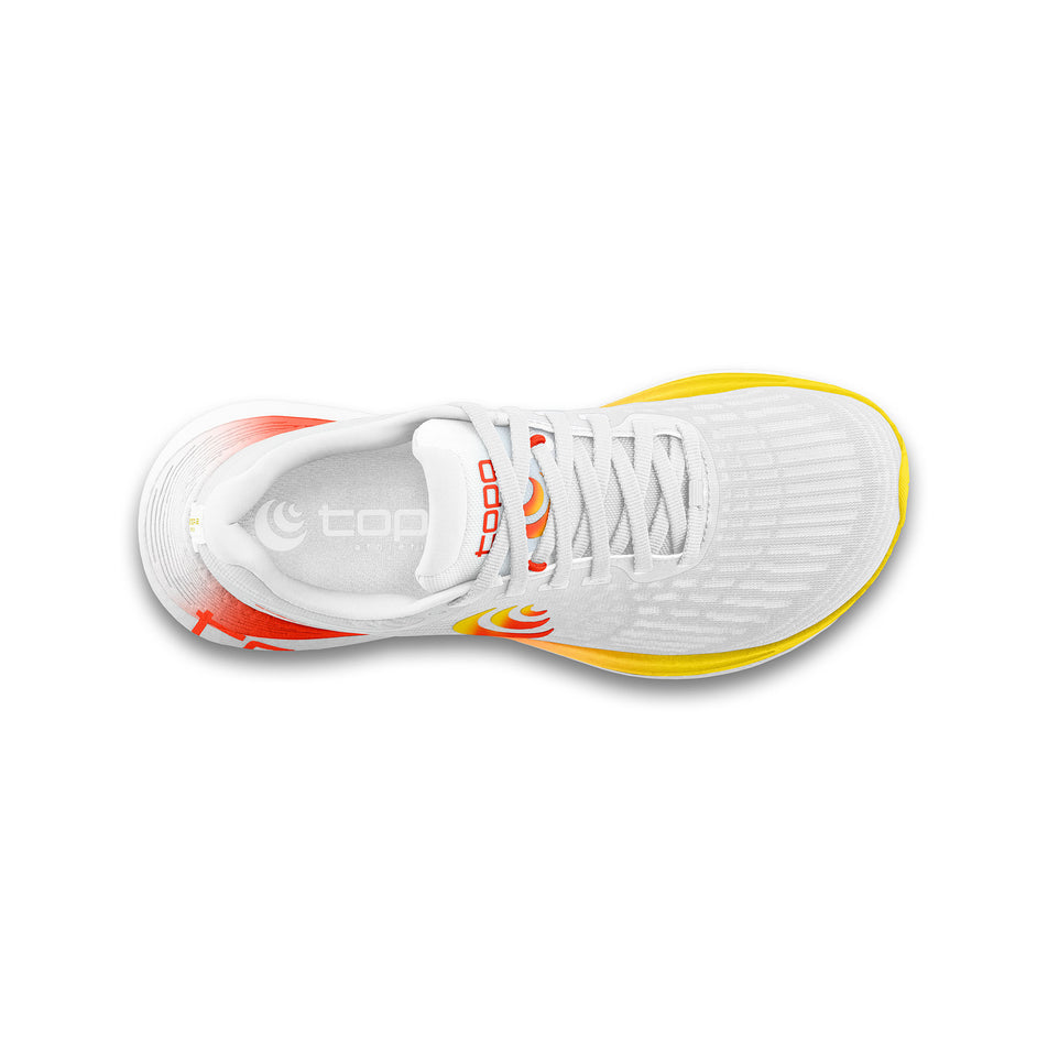 The upper of the right shoe from a pair of Topo Athletic Women's Specter 2 Running Shoes in the White/Sunset colourway. (8582155927714)