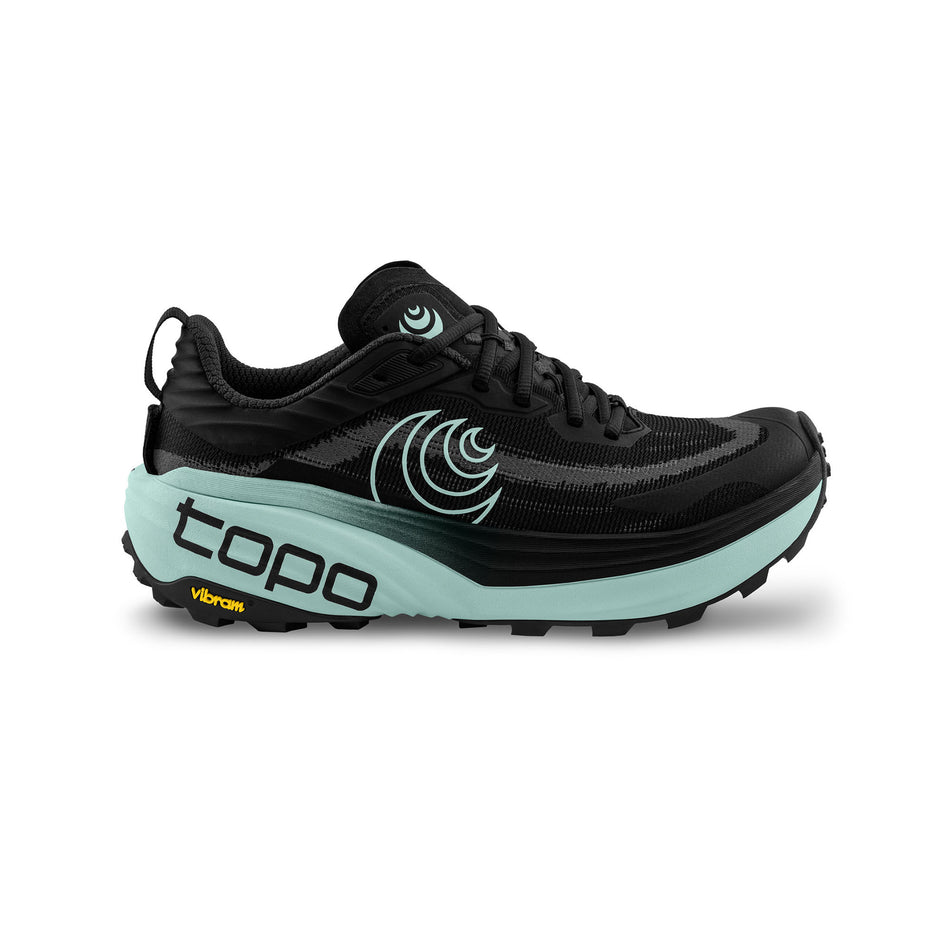 Lateral view of the right shoe from a pair of Topo Athletic Women's Vista Trail Running Shoes in the Black/Mint colourway. (8726924525730)