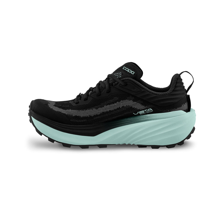Medial view of the right shoe from a pair of Topo Athletic Women's Vista Trail Running Shoes in the Black/Mint colourway. (8726924525730)