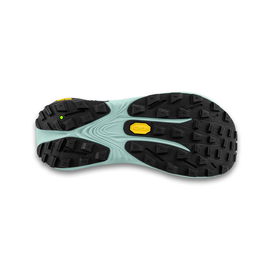 The outsole of the right shoe from a pair of Topo Athletic Women's Vista Trail Running Shoes in the Black/Mint colourway. (8726924525730)