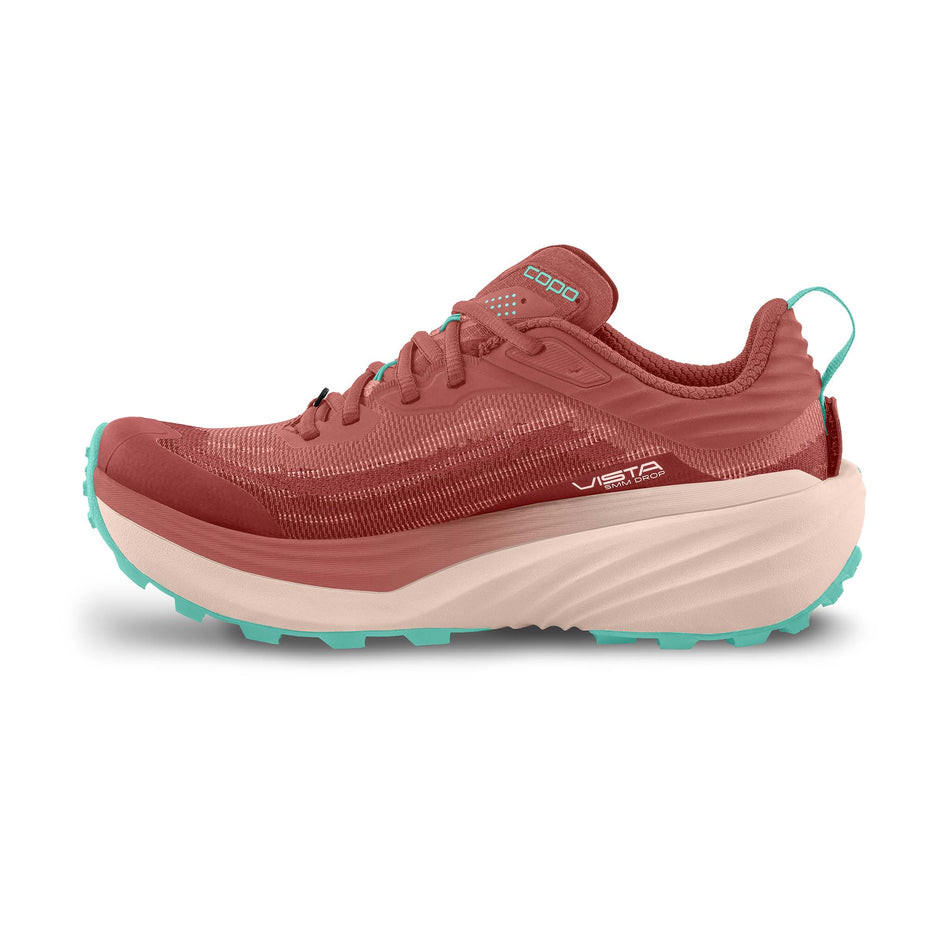 Medial view of the right shoe from a pair of Topo Athletic Women's Vista Trail Running Shoes in the Rose/Mint colourway.