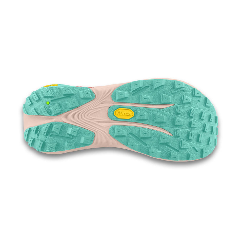 The outsole of the right shoe from a pair of Topo Athletic Women's Vista Trail Running Shoes in the Rose/Mint colourway.