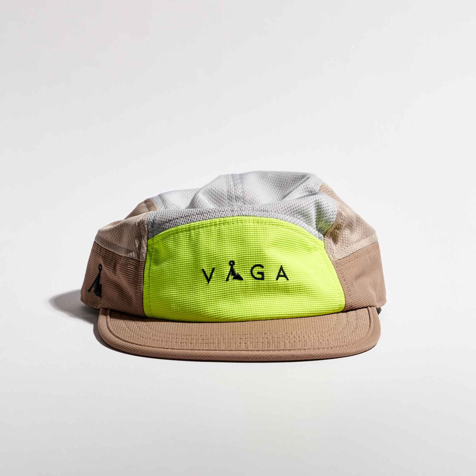 Front view of the VÅGA Unisex Club Cap in the Taupe/Neon Yellow/Light Grey colourway.