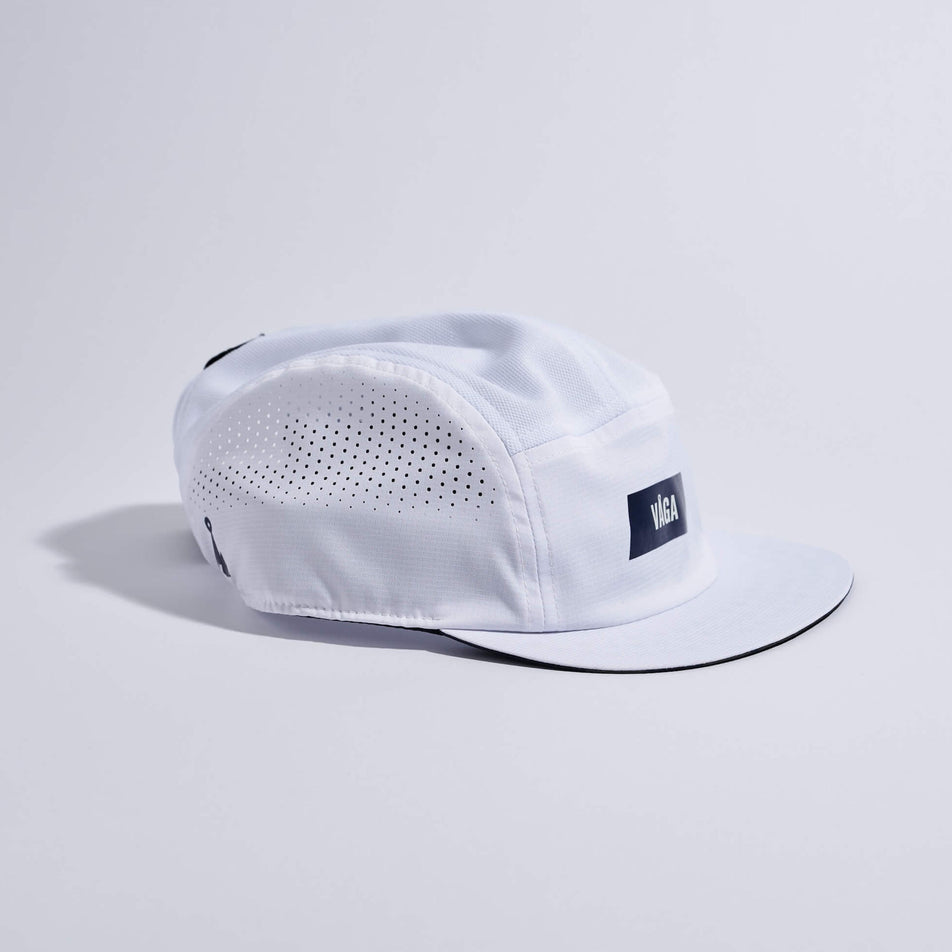 Angled view of the VAGA Unisex Feather Racing Cap in the White colourway.