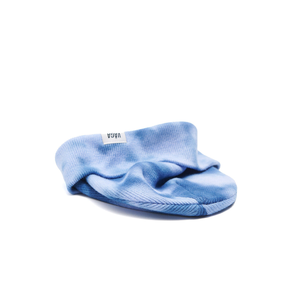 A VAGA Unisex Fine Rib Tie Dye Beanie in the Blue/Postal Blue colourway, with the cuff turned down. (8551972864162)