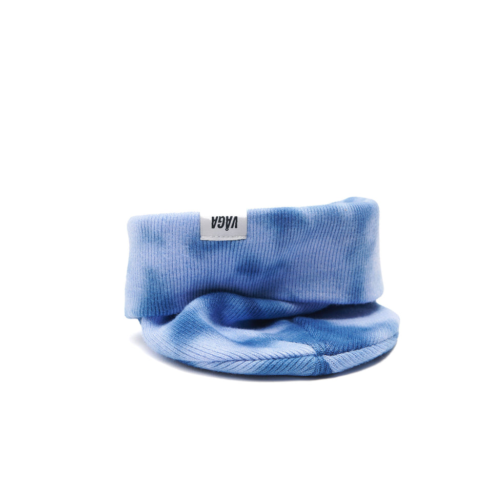 A VAGA Unisex Fine Rib Tie Dye Beanie in the Blue/Postal Blue colourway, with the cuff turned down. (8551972864162)