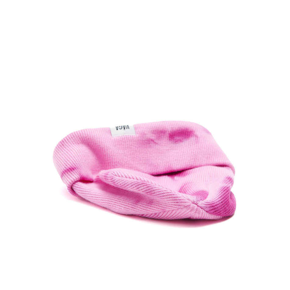 A VAGA Unisex Fine Rib Tie Dye Beanie in the Bright Pink/Light Pink colourway, with the cuff turned down. (8551970832546)
