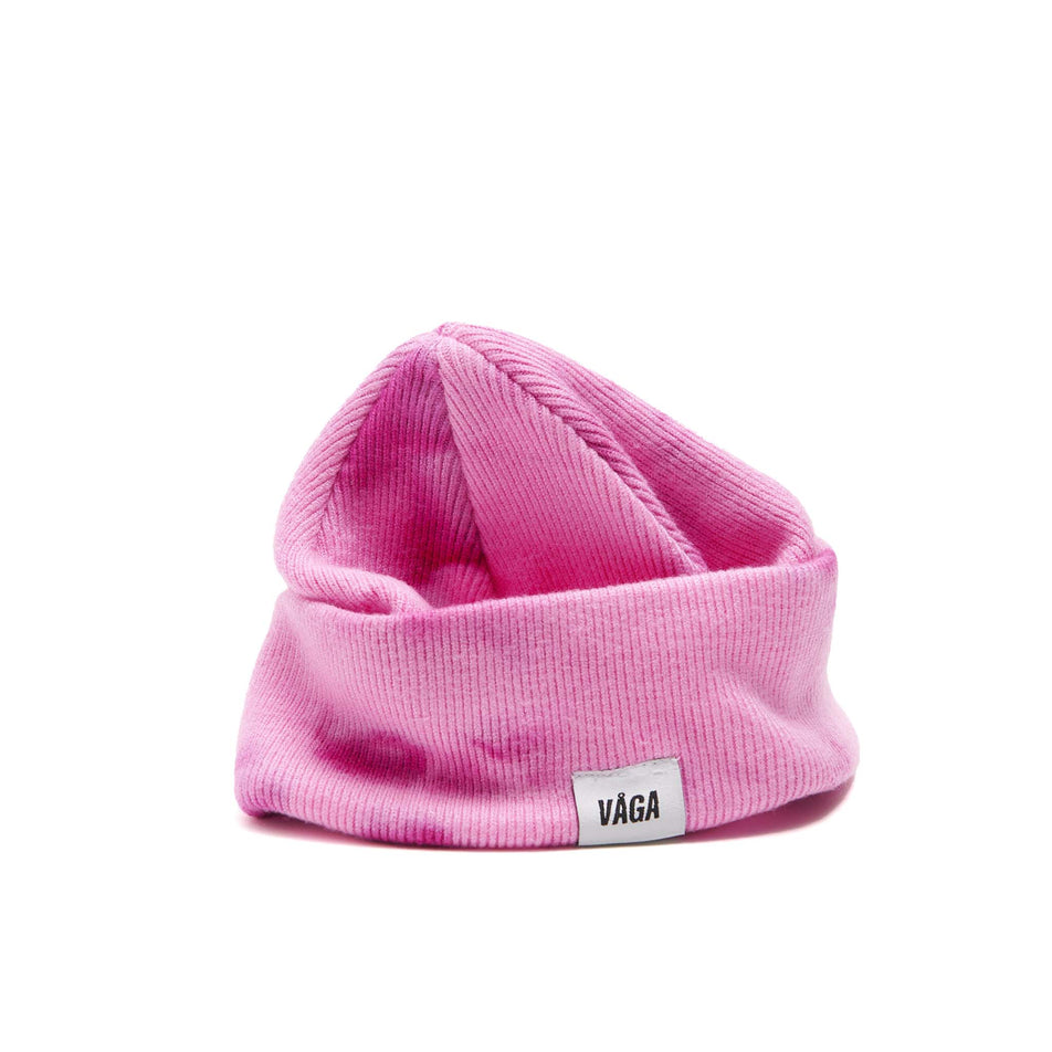 A VAGA Unisex Fine Rib Tie Dye Beanie in the Bright Pink/Light Pink colourway, with the cuff turned down. (8551970832546)