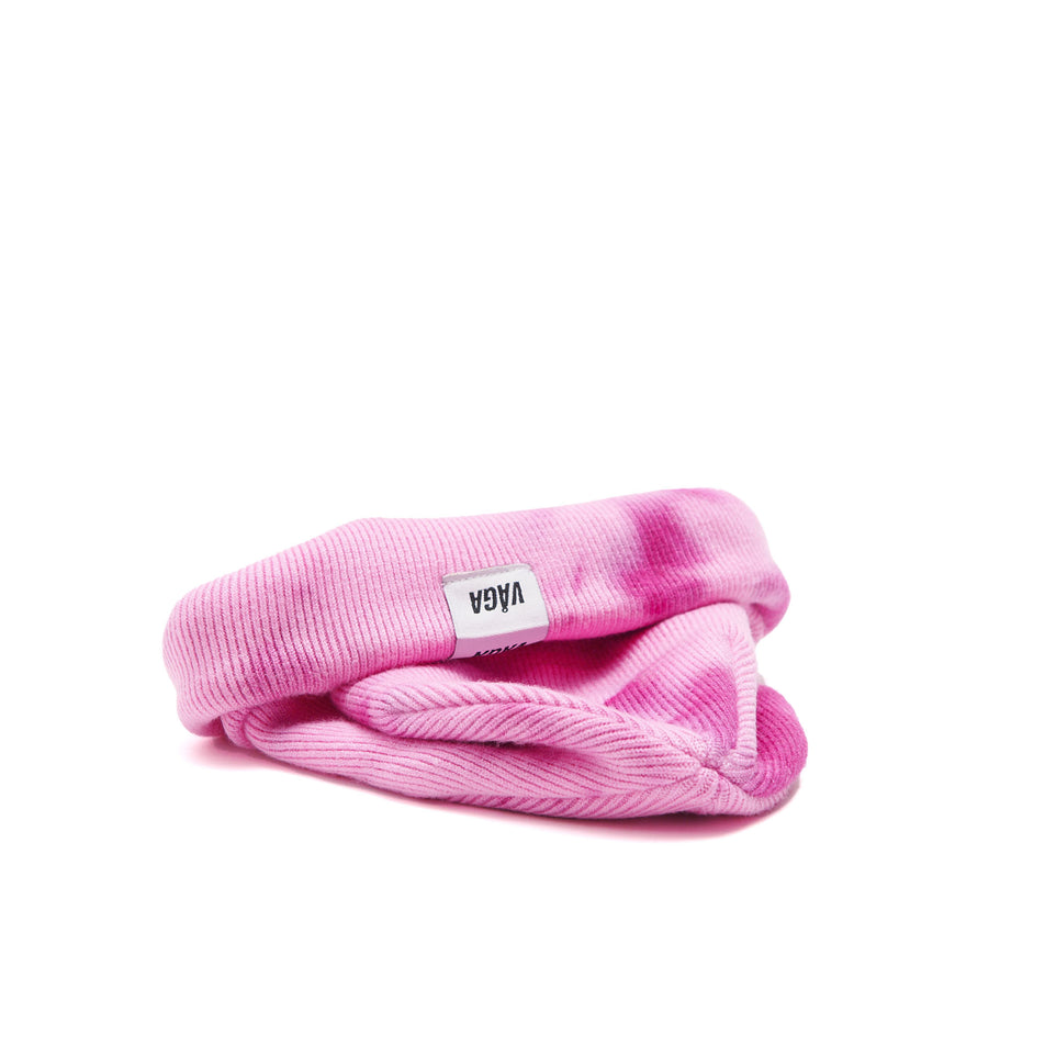 A VAGA Unisex Fine Rib Tie Dye Beanie in the Bright Pink/Light Pink colourway, with the cuff turned up. (8551970832546)