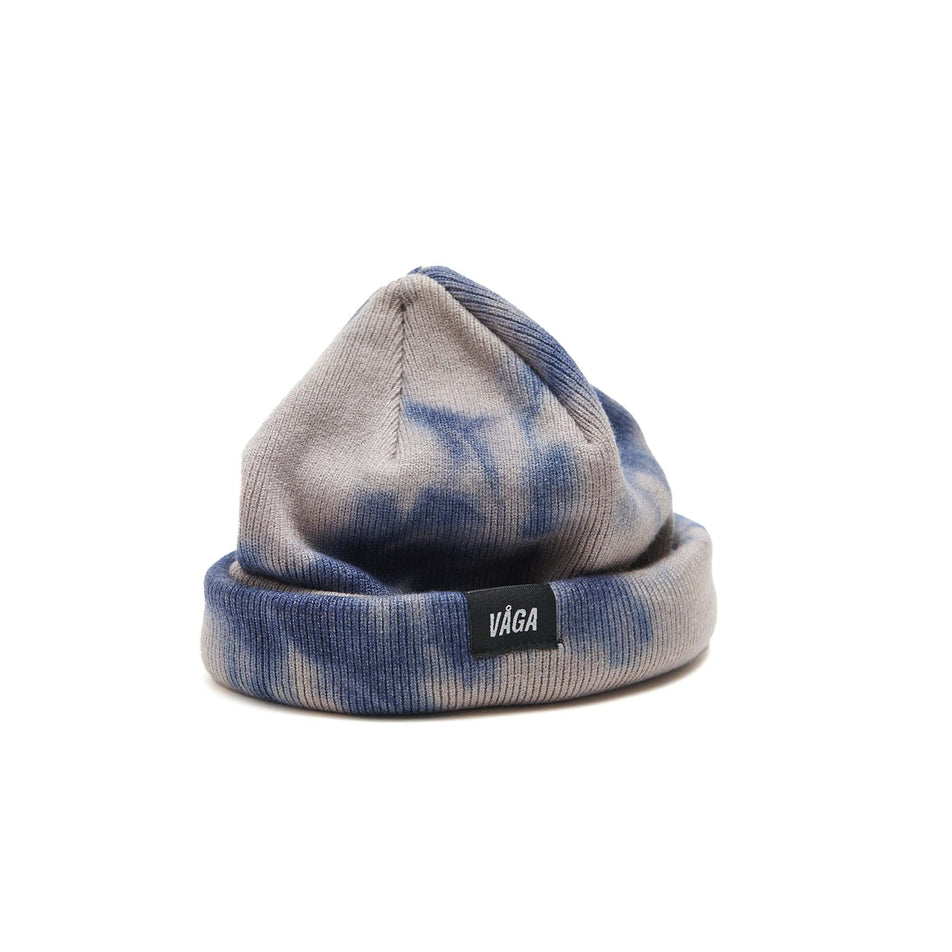 A VAGA Unisex Fine Rib Tie Dye Beanie in the Navy Blue/Dark Taupe colourway, with the cuff turned up. (8551968669858)