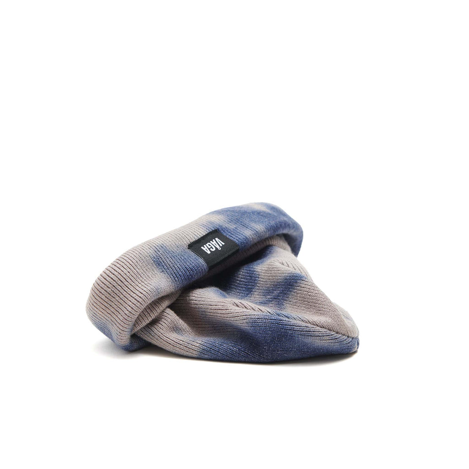 A VAGA Unisex Fine Rib Tie Dye Beanie in the Navy Blue/Dark Taupe colourway, with the cuff turned up. (8551968669858)