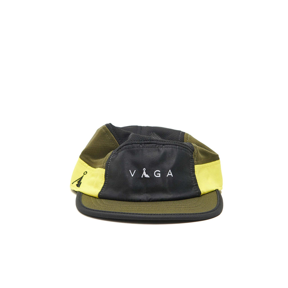 Front view of a VAGA Unisex Club Cap in the Moss Green/Black/Bright Yellow/Navy Blue colourway. (8551935508642)