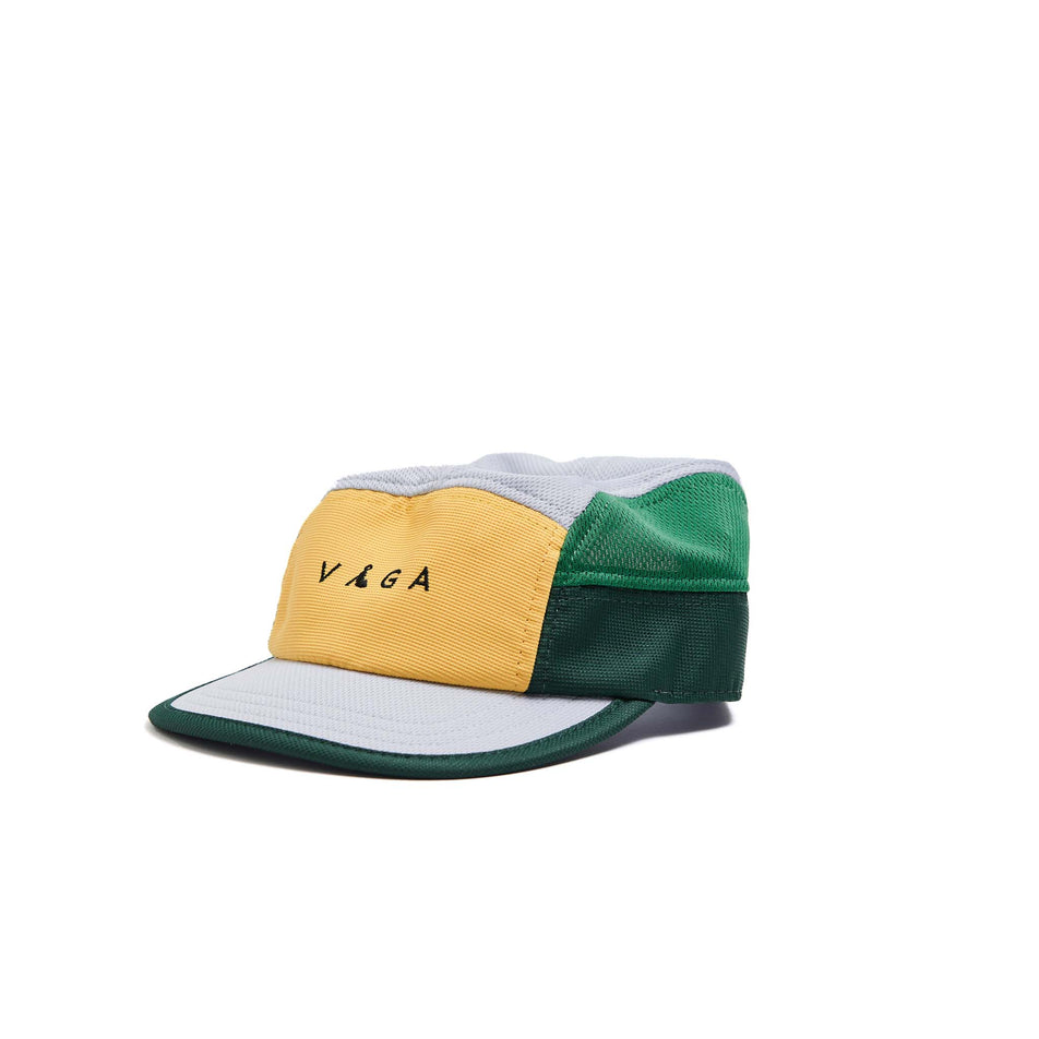 The front of a VÅGA Unisex Club Cap in the Racing Green/Light Grey/Sunshine Yellow/Purple colourway. (8595623051426)