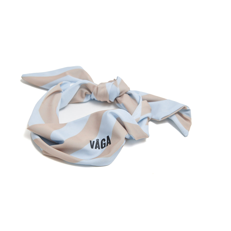 The front of a VÅGA Unisex Summer Tie Back Headband in the Pastel Blue/Taupe colourway (8684906414242)