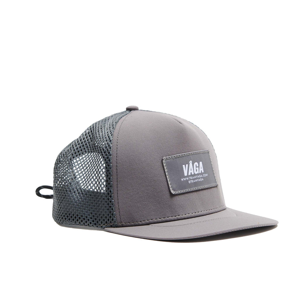 Front view of a VÅGA Unisex Open Mesh Trucker Hat in the Aluminium Grey colourway (8684639551650)