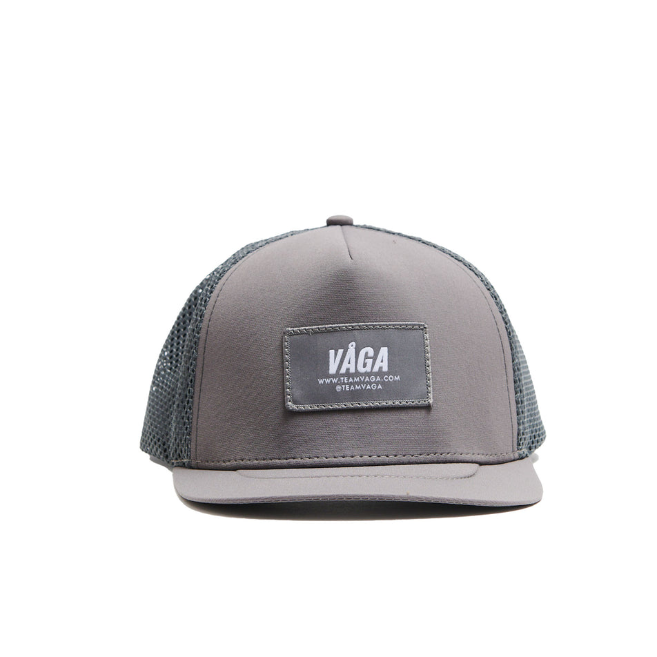 Front view of a VÅGA Unisex Open Mesh Trucker Hat in the Aluminium Grey colourway (8684639551650)