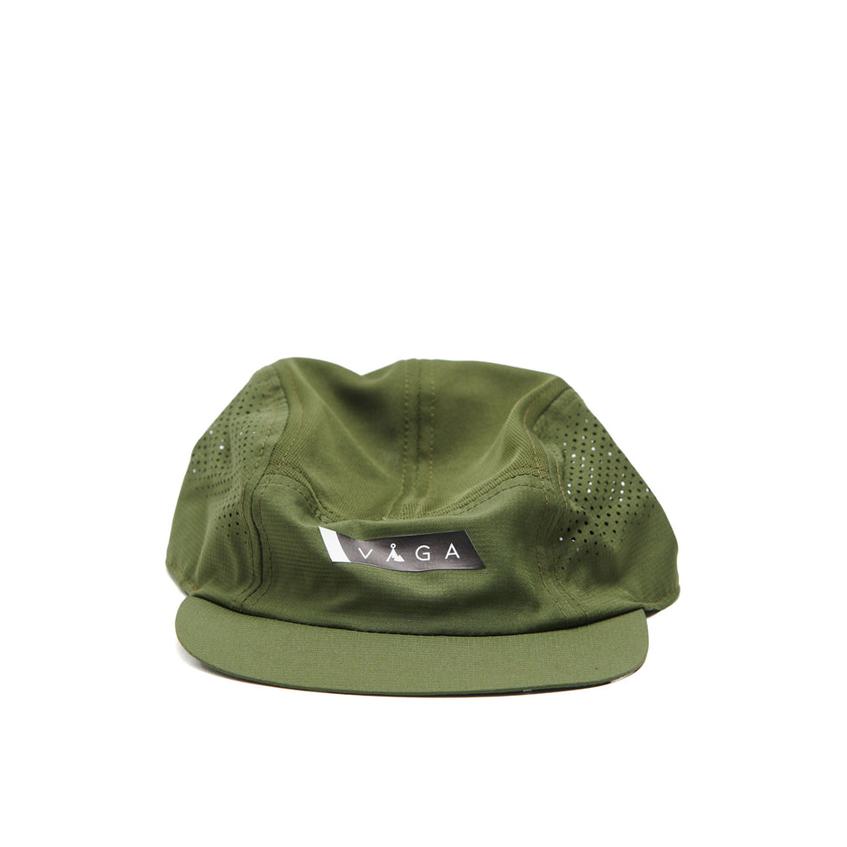 Front view of a VAGA Unisex Feather Racing Cap in the Moss Green/Black colourway. (8551951335586)