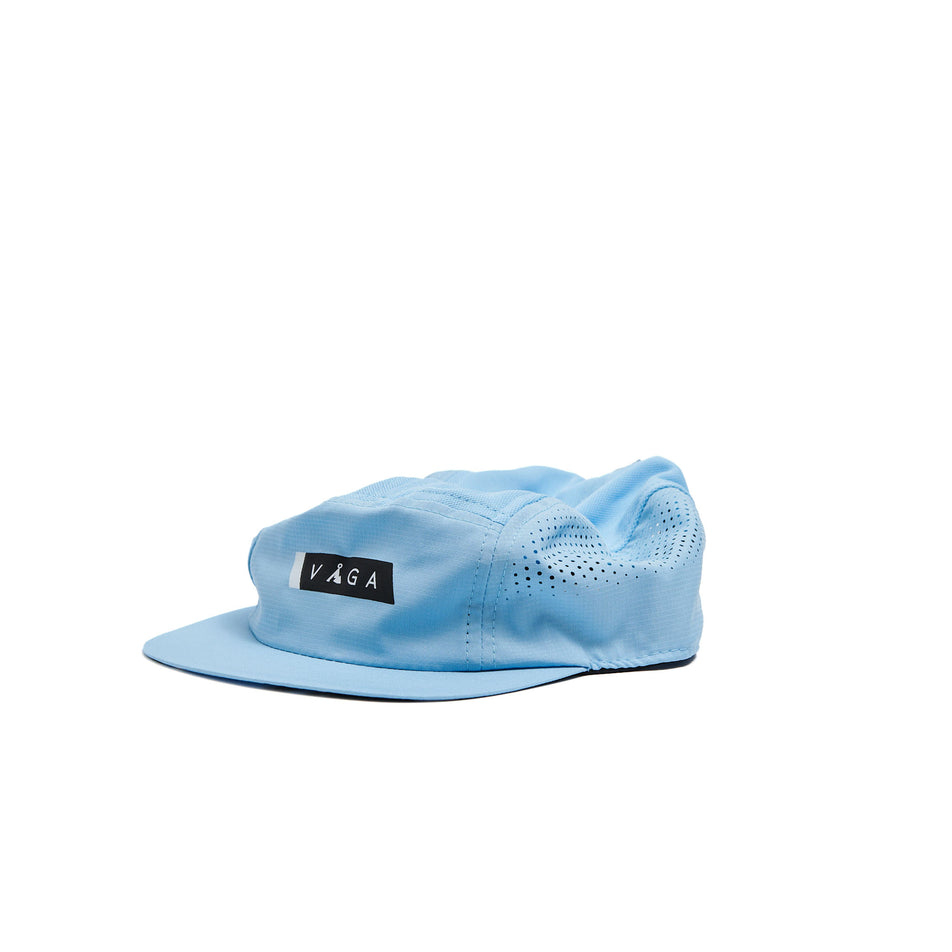 The front of a VÅGA Unisex Feather Racing Cap in the Neon Blue/Black colourway. (8595627606178)