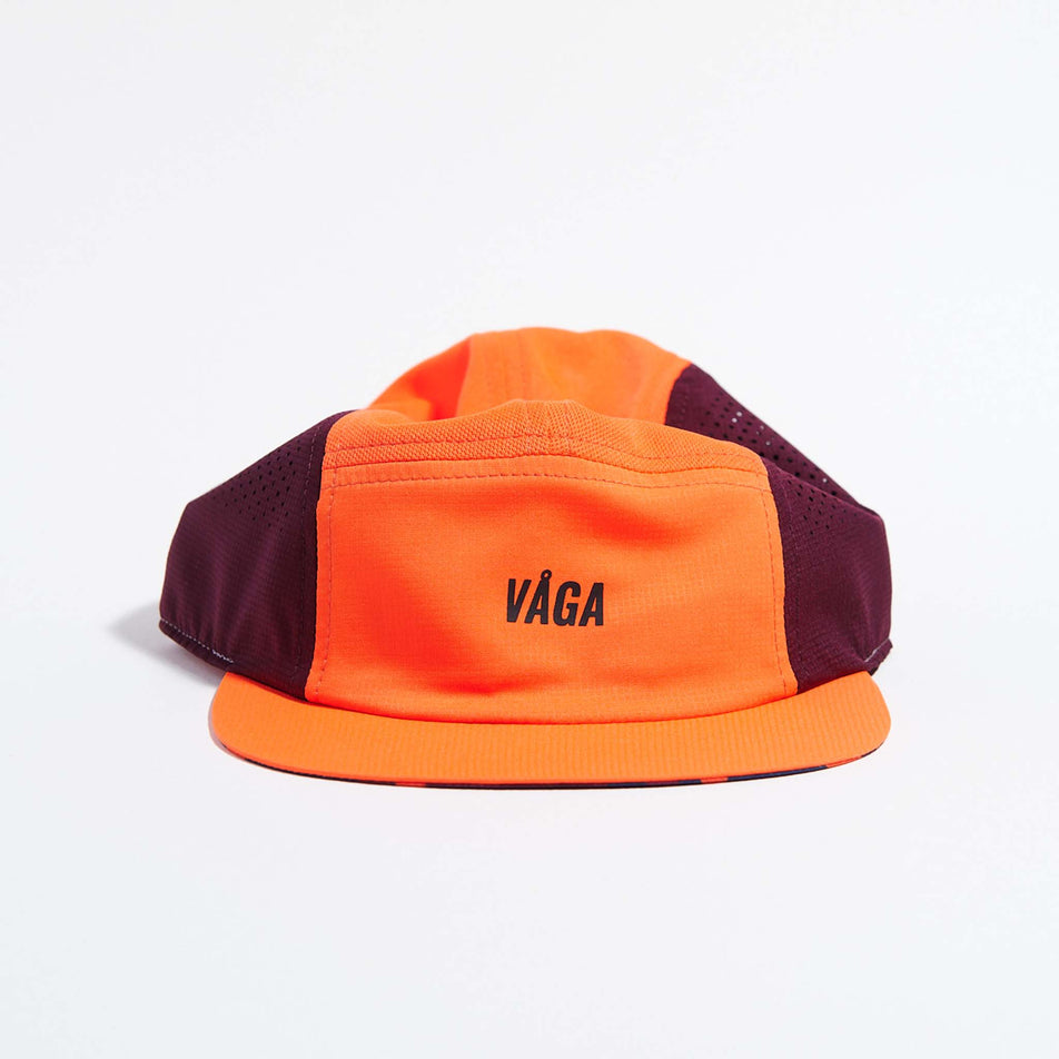 Front view of the VAGA Feather Racing Cap in the Neon Orange/Plum colourway. (8751093088418)
