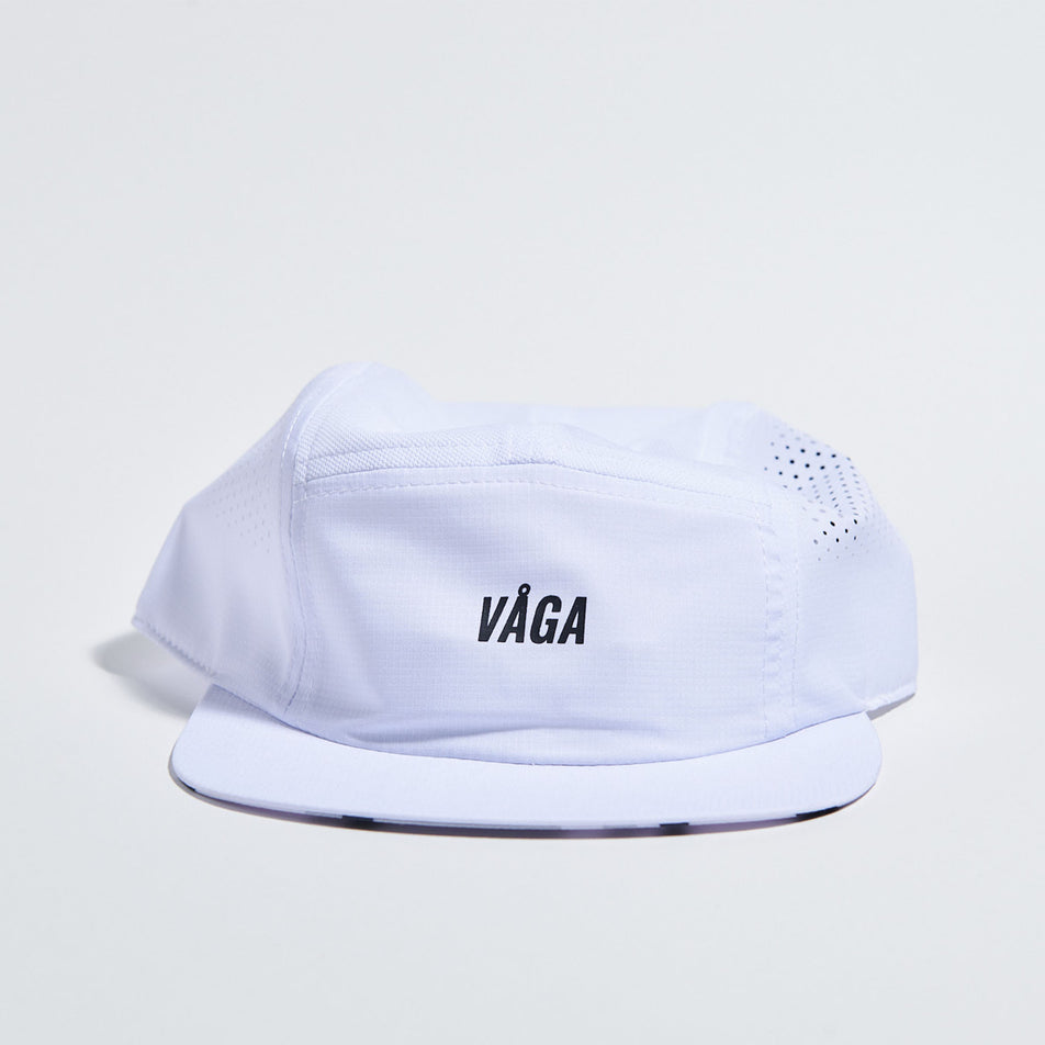 Front view of the VAGA Feather Racing Cap in the White/Mist Grey/Black colourway. (8751091712162)
