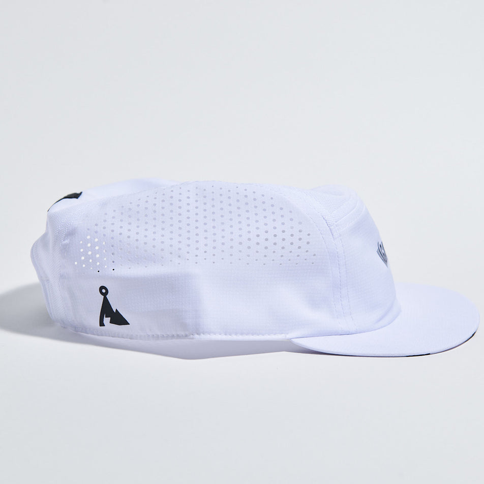 Side view of the VAGA Feather Racing Cap in the White/Mist Grey/Black colourway. (8751091712162)