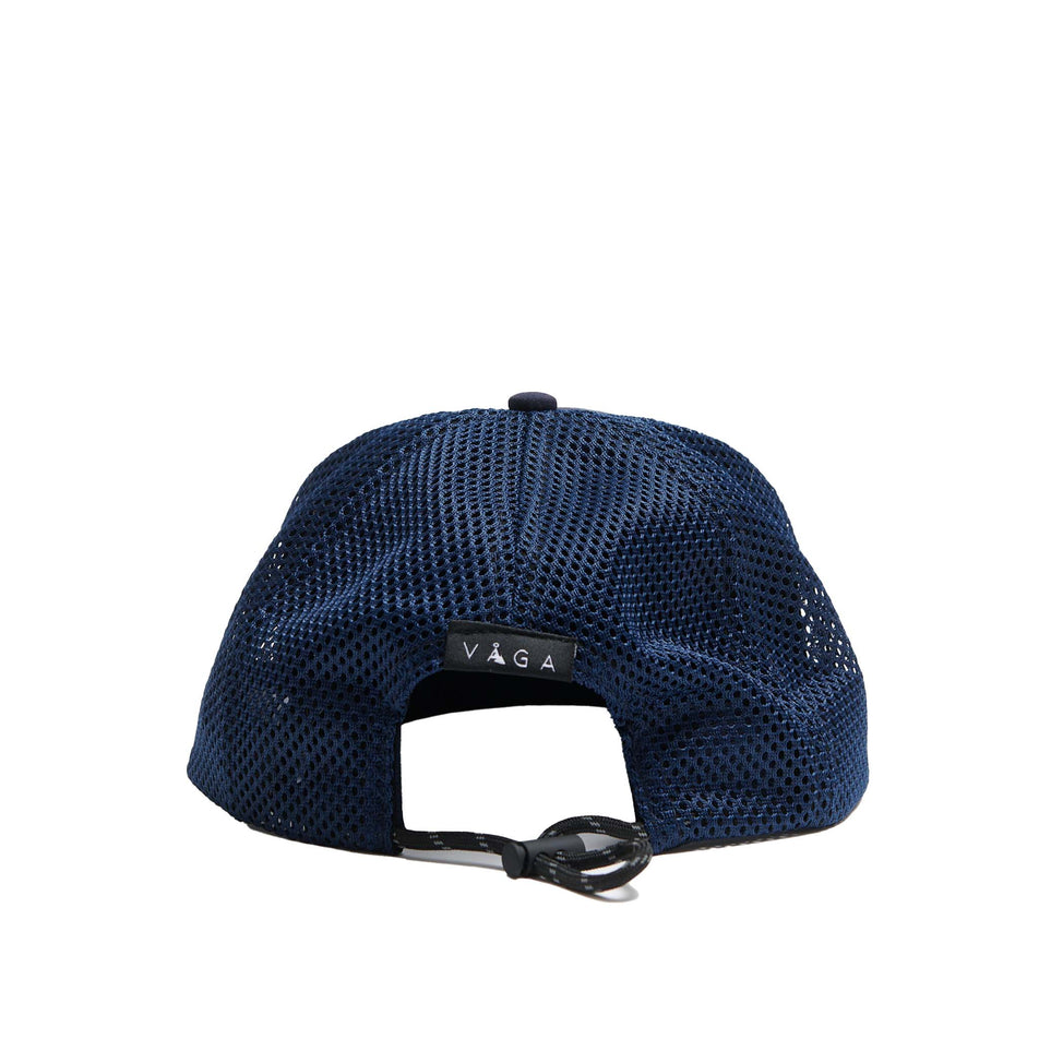 Back view of a VÅGA Unisex Open Mesh Trucker Hat in the Navy Blue colourway (8684637847714)