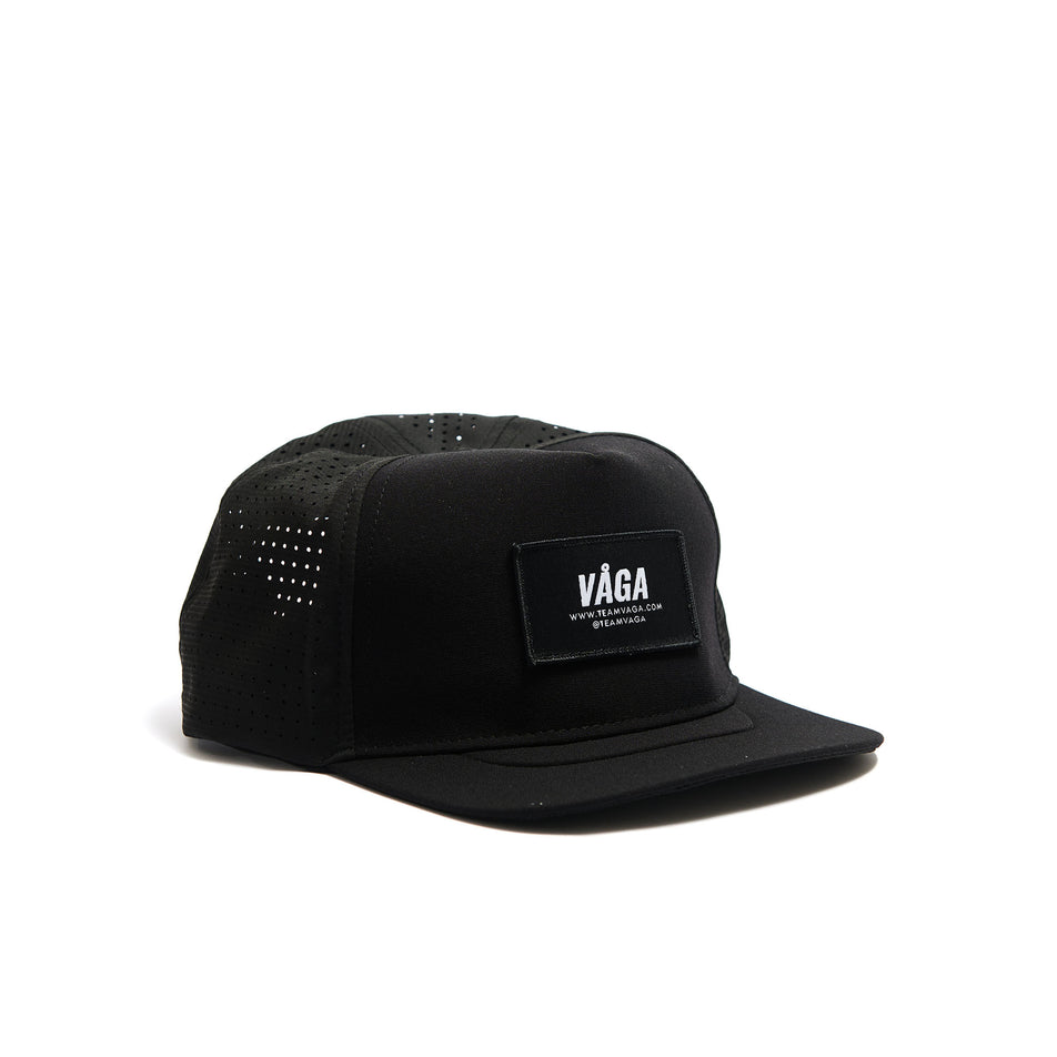 Front view of a VÅGA Unisex Trucker Cap in the Black/Charcoal Grey/White colourway. (8486987792546)