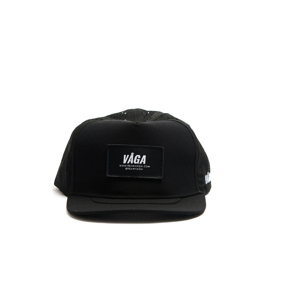 Front view of a VÅGA Unisex Trucker Cap in the Black/Charcoal Grey/White colourway. (8486987792546)