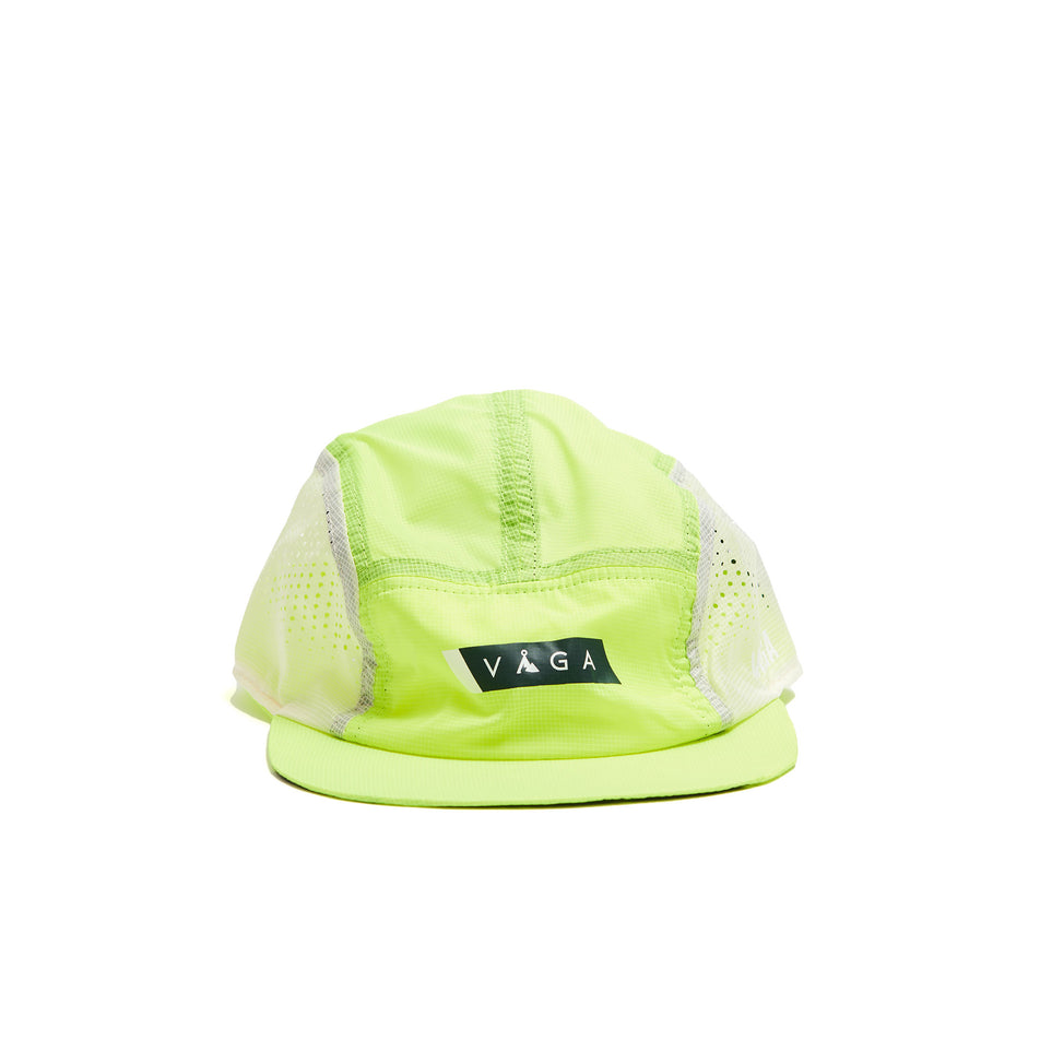 Front view of a VÅGA Unisex Wind Resistant Feather Racing Cap in the Neon Yellow/White/Black colourway. (8486894567586)