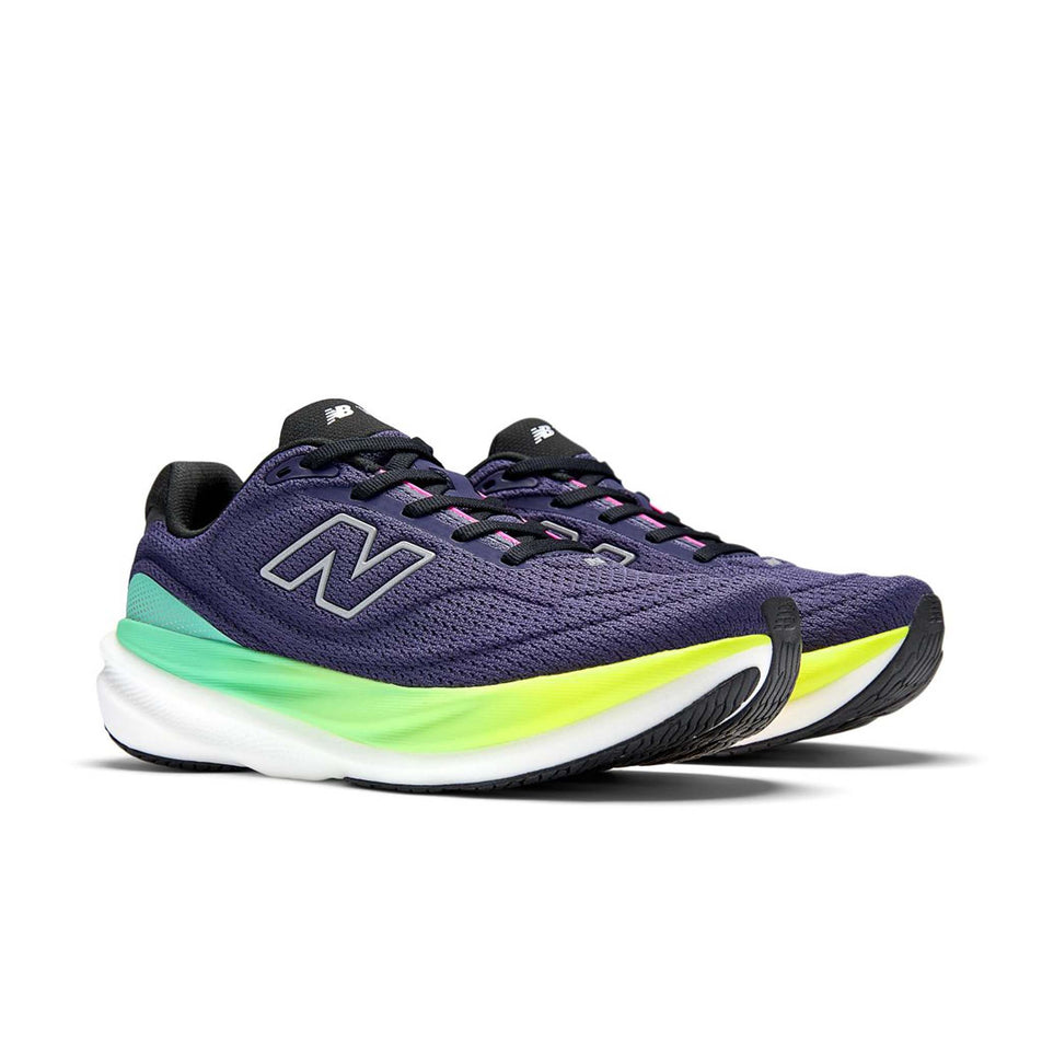 A pair of New Balance Women's 1080 V15 Running Shoes in the Boysenberry/Alkaline Green colourway.